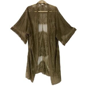Sonoma Green Embroidered Mesh Lace Sheer Kimono Duster Cover Up Boho Fairy 3XL-4
